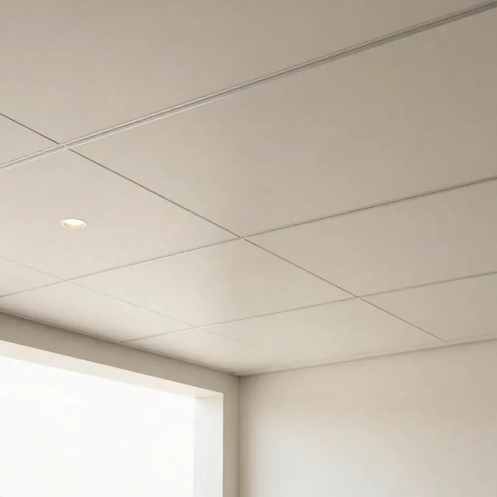Systeemplafond in lichte kantoorruimte met ingelaten verlichting en stof in de lucht.