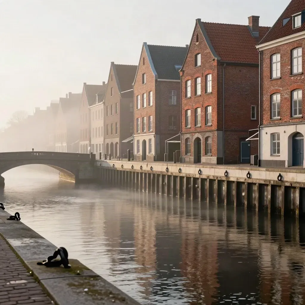 Mistige oude havenrand van Noord-Holland met baksteen, brugboog en stil water.