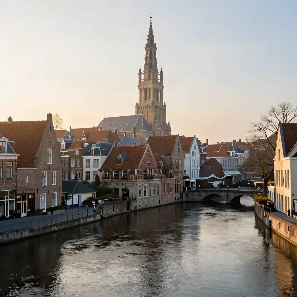 Utrecht met de Domtoren in gouden nevel boven stille grachten en warme bakstenen daken.