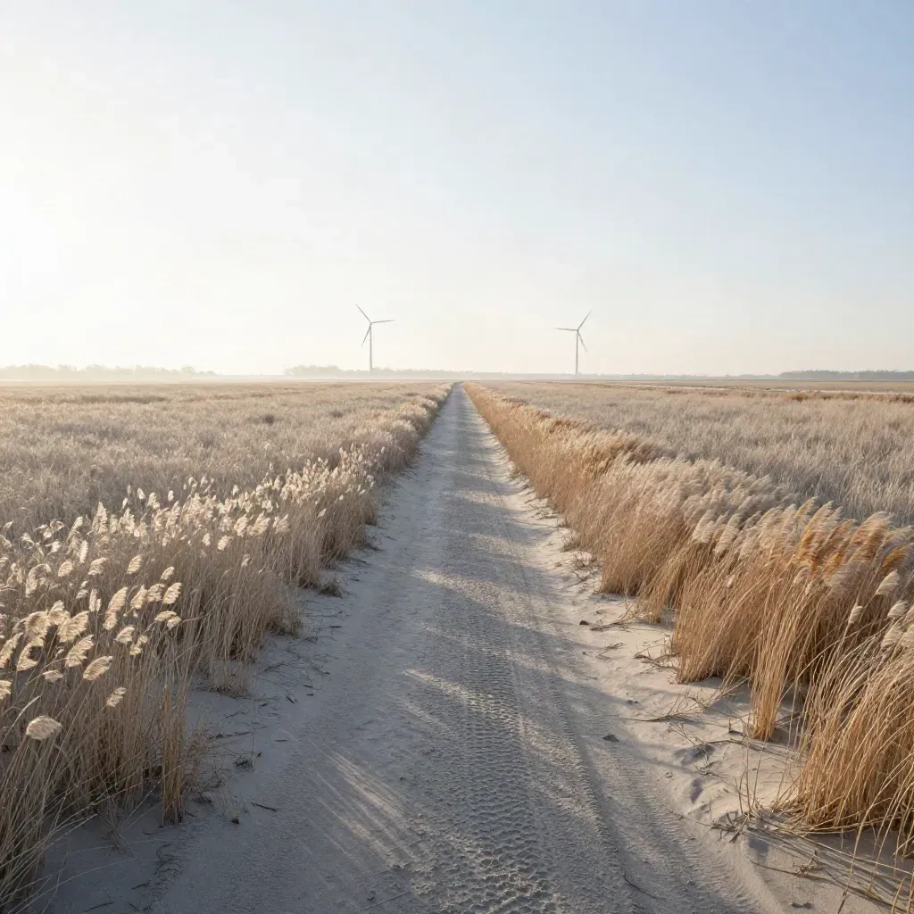 Open Flevoland polder met sloot, riet en verre windturbines in ochtendmist